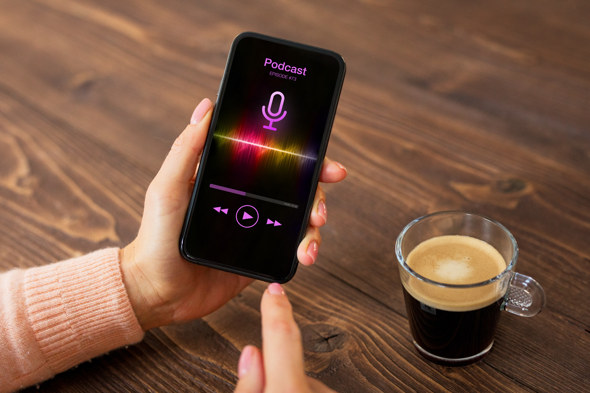 Woman Having Coffee and Listening to Podcast 